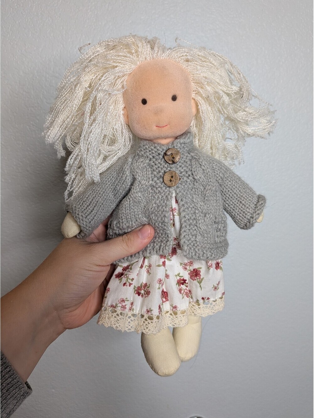 Montessori inspired Style Cloth Doll White Yarn Hair Floral Dress Gray Cardigan